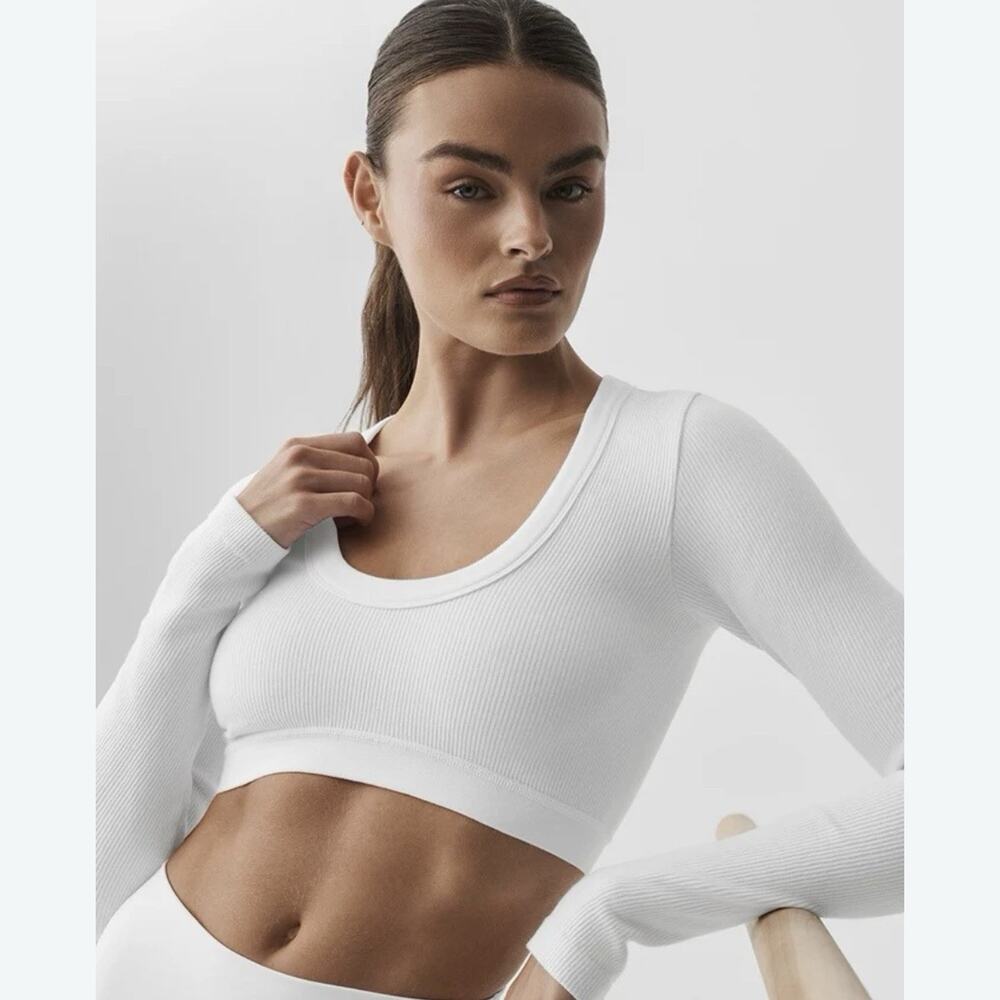 ALO Yoga Seamless Ribbed Cropped Serene Long Sleeve White Size Large